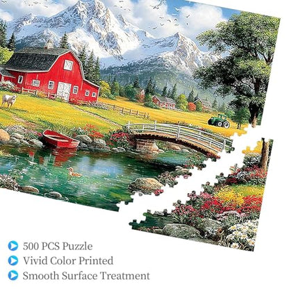500 Pieces Jigsaw Puzzles for Adults, Red Barn Mountain Farm Landscape Art Puzzle, Stress Relief Concentration Training Brain Teaser Puzzle 20.4x15 Inch - color: Wooden Puzzle12, size: 500 Piece pcs
