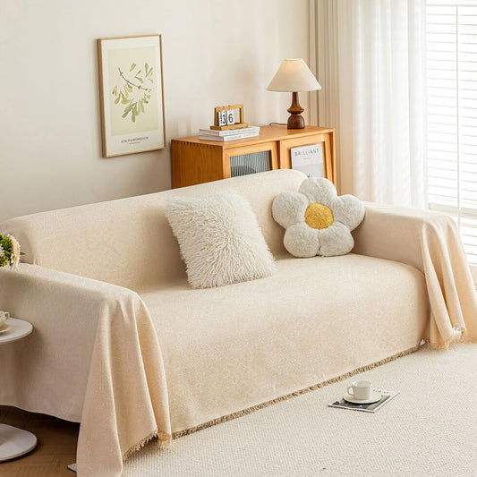 ROOMLIFE Boho Beige Couch Cover for Dogs, Washable Non Slip Furniture Protector Couch Sofa Covers for 3 Cushion Couch, Soft Breathable Sofa Slipcovers Couch Cover Throw Blanket with Tassels71''X134'' - color: E&beige, size: X-Large(71''*134'')