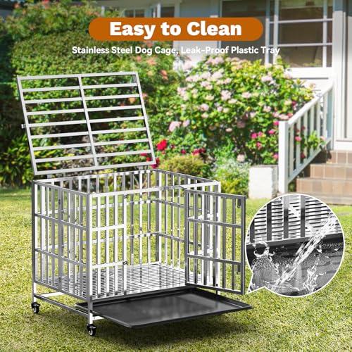 Holiwei 37" Heavy Duty Dog Crate, Escape Proof Stainless Steel Dog Kennel with Top Opening, 4 Lockable Wheels, Easy Clean Metal Dog Cage for Medium-Large/Anxious Dogs - size: 37.0"L x 25.0"W x 30.0"H