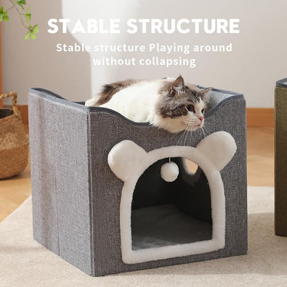 Cat Beds for Indoor Cats, Large Cat House Foldable Cat Cave with Scratch Pad and Hanging Fluffy Ball, Reversible Cushion Hideaway for Pet Cats, 16.5x16.5x13.2 inches, Multi Small Pet (Dark Grey, L)