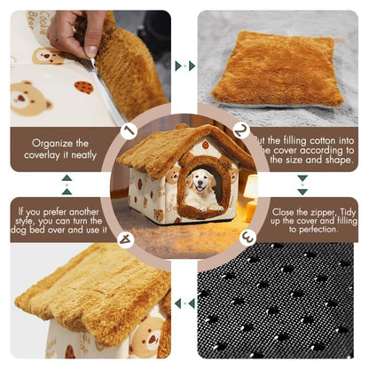 Warm Bear Cave Cat Bed, Enclosed Plush House with Removable Washable Cushion (Multiple Sizes), Cozy Indoor Pet Shelter for Cats, Kittens, Dog & Animals (m) - size: m