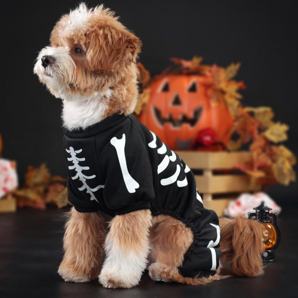 Dog Skeleton Costume Glow in The Dark Pet Cat Halloween Jumpsuit 4 Legged Onesie for Small Dog Cat, L - color: Luminous Skeleton, size: Large