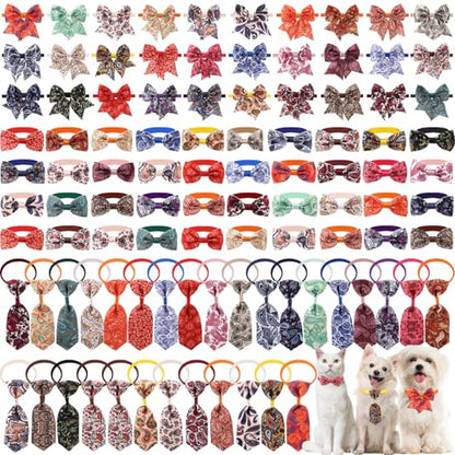 Reginary 100 Pieces Dog Bow Tie Collar Set Include 40 Dog Neckties, and 30 Puppy Bowties, 30 Collar Flowers, Adjustable Pet Ties Grooming for Small Medium Cats Pets Supply (Paisley) - style: Paisley