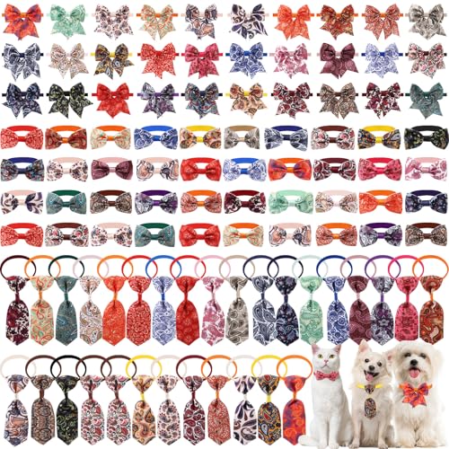 Reginary 100 Pieces Dog Bow Tie Collar Set Include 40 Dog Neckties, and 30 Puppy Bowties, 30 Collar Flowers, Adjustable Pet Ties Grooming for Small Medium Cats Pets Supply (Paisley) - style: Paisley