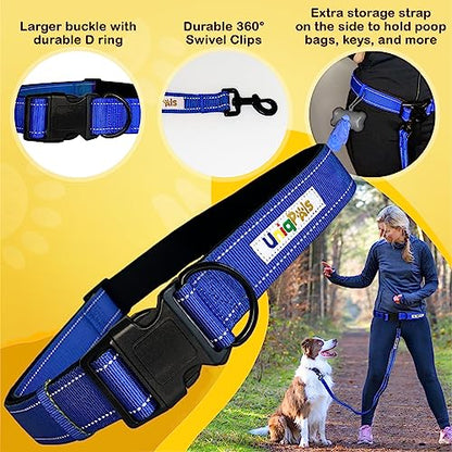 Hands-Free Leash for Small to Large Dogs 5ft - Heavy Duty Adjustable Waist Belt, Padded Handles, Reflective Stitching, Satin Carry Bag for Walking, Running, Hiking - color: Blue/Yellow