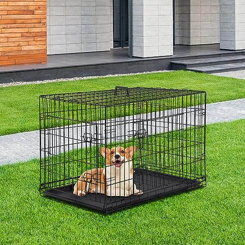 24/7 Shop at Home Gossamer Metal Double Door Folding Wire Pet Crate with Divider, Removable Tray, and Handle for Outdoor and Indoor Medium Dog, 42-inch, Black - size: 42.7"L x 26.8"W x 28.7"H