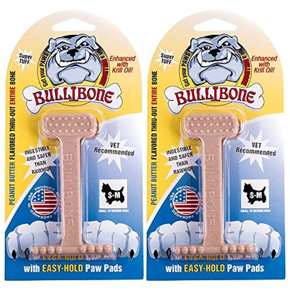 Bullibone Nylon Dog Chew Toy for Aggressive Chewers - Dental Hygiene Bone with Peanut Butter Flavor, Durable Tough Chew Toys for Small Dogs, Indestructible Dog Bone - 2 Pack - size: Small - 2 Pack