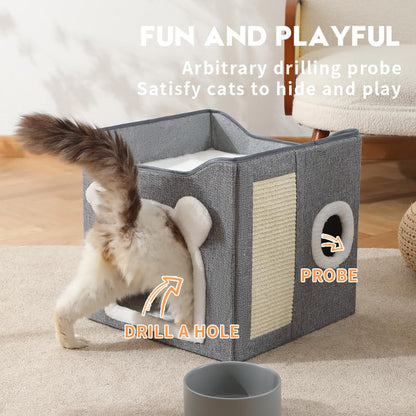 Cat Beds for Indoor Cats, Large Cat House Foldable Cat Cave with Scratch Pad and Hanging Fluffy Ball, Reversible Cushion Hideaway for Pet Cats, 16.5x16.5x13.2 inches, Multi Small Pet (Dark Grey, L)