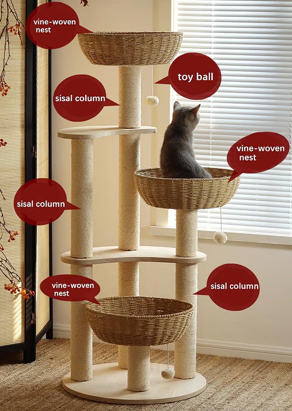 Modern Wood Cat Tree for Large Cats,Luxury Rattan Oak Solid Cat Trees Towers，3 Weaving Cat Nests & Washable Cushions, Sisal Scratching Posts,Cat Condo for Indoor Cats, Varnish, Easy Clean (Large-O1) - size: Large-O1