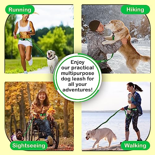 Hands-Free Leash for Small to Large Dogs 5ft - Heavy Duty Adjustable Waist Belt, Padded Handles, Reflective Stitching, Satin Carry Bag for Walking, Running, Hiking - color: Green