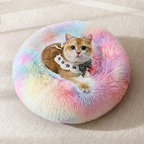 JOLLYVOGUE Dog & Cat Bed, Calming Anti-Anxiety Pet Bed for Small Dogs, Fluffy Donut Cushion for Small and Medium Pets (20") - color: Rainbow, size: 20"