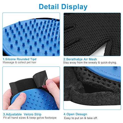 2PCS Pet Grooming Glove, Dog Brush Glove, Gentle Deshedding Brush Glove,Mess-Free Grooming Efficient Pets Hair Remover Mittens Washing Gloves for Short and Long Hair Dogs & Horses & Cats (Blue)