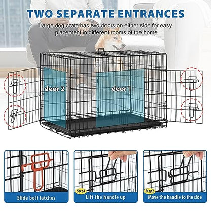 24/7 Shop at Home Gossamer Metal Double Door Folding Wire Pet Crate with Divider, Removable Tray, and Handle for Outdoor and Indoor Medium Dog, 36-inch, Black - size: 36.4"L x 22.6"W x 24.8"H