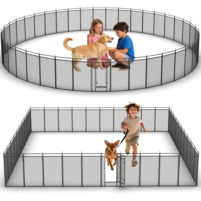 Dog Playpen with Safety Mesh, 32" Height 40 Panels Metal Dog Fence Indoor Outdoor, Portable Dog Kennel for Camping, Yard & RV | Black-Silver - size: 32'', style: 40 Panels
