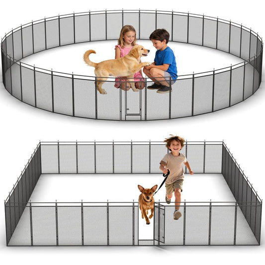 Dog Playpen with Safety Mesh, 32" Height 40 Panels Metal Dog Fence Indoor Outdoor, Portable Dog Kennel for Camping, Yard & RV | Black-Silver - size: 32'', style: 40 Panels