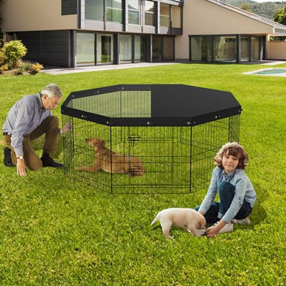 VEVOR Foldable Metal Dog Exercise Pen, Pet Puppy Playpen Yard Fence with Top Cover & Door, Indoor Outdoor 8 Panels 24" W x 24" H Dogs Crate Kennel with Ground Stakes for Small & Medium Dogs - size: 8 panels 24*24in, style: Playpen + Top Cover