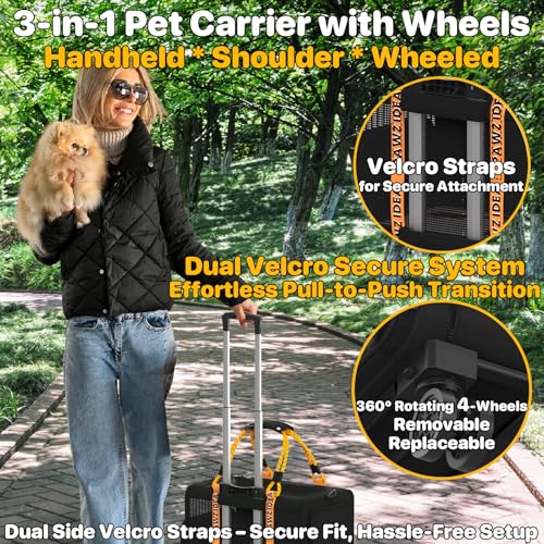 PAWZIDEA Expandable Pet Carrier with Wheels, 18"x11"x11" TSA Airline Approved Cat Carrier for 2 Cats Under Seat, Collapsible Soft-Sided Small Dog Rolling Travel Bag with Telescopic Handle, Up to 18lbs - color: Black Warrior-Wheels