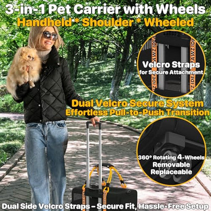PAWZIDEA Expandable Pet Carrier with Wheels, 18"x11"x11" TSA Airline Approved Cat Carrier for 2 Cats Under Seat, Collapsible Soft-Sided Small Dog Rolling Travel Bag with Telescopic Handle, Up to 18lbs - color: Black Warrior-Wheels