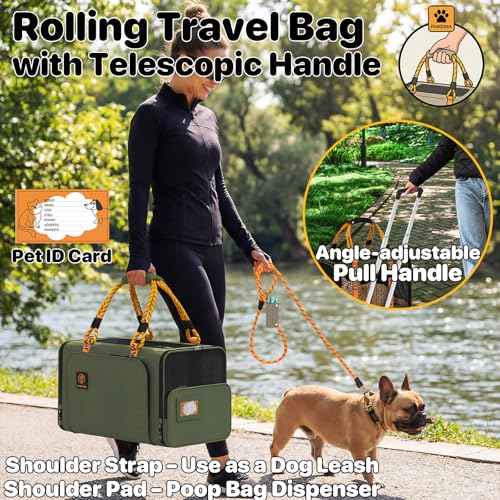 PAWZIDEA Expandable Pet Carrier with Wheels, 18"x11"x11" TSA Airline Approved Cat Carrier for 2 Cats Under Seat, Collapsible Soft-Sided Small Dog Rolling Travel Bag with Telescopic Handle, Up to 18lbs - color: Dark Green-Wheels