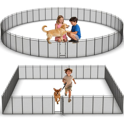 Dog Playpen with Safety Mesh, 32" Height 48 Panels Metal Dog Fence Indoor Outdoor, Portable Dog Kennel for Camping, Yard & RV | Black-Silver - size: 32'', style: 48 Panels