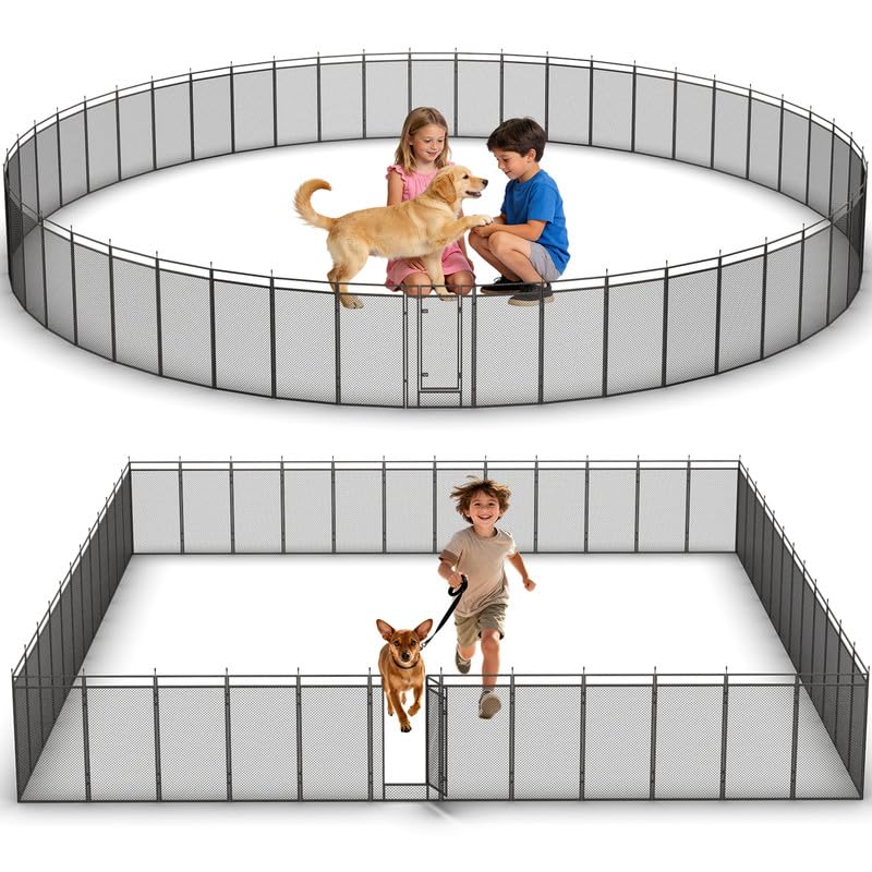 Dog Playpen with Safety Mesh, 40" Height 48 Panels Metal Dog Fence Indoor Outdoor, Portable Dog Kennel for Camping, Yard & RV | Black-Silver - size: 40'', style: 48 Panels