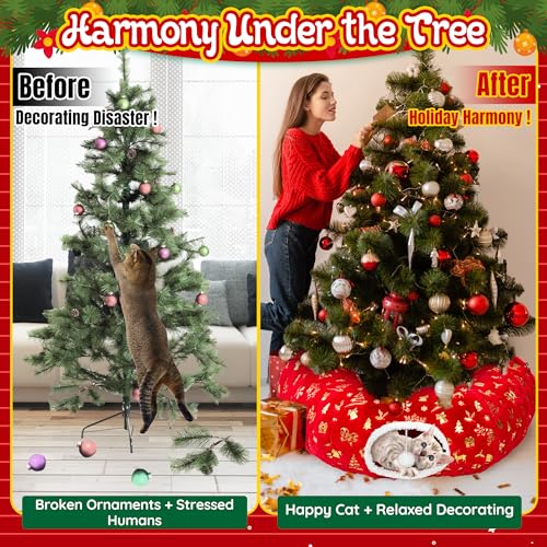 LECHONG 3-in-1 Christmas Cat Tunnel Bed & Tree Skirt, Warm & Cozy Double-Sided Fleece Hideout w/Detachable Mat, Deter Cats Damage Xmas Tree Decor, Festive Coziness