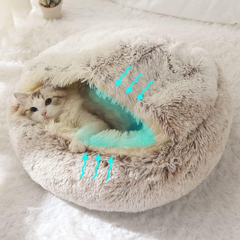 Cat Bed Round Fluffy Hooded Cat Bed Cave, Anti-Anxiety Cave Bed with Hooded Blanket, Cozy Cuddler Luxury Puppy Pet Bed, Anti-Slip Bottom and Machine Washable (Coffee, Large) - color: Coffee, size: Large