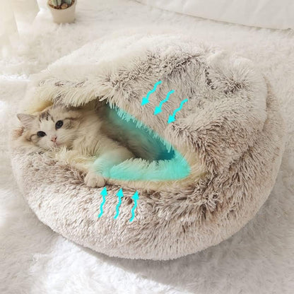Cat Bed Round Fluffy Hooded Cat Bed Cave, Anti-Anxiety Cave Bed with Hooded Blanket, Cozy Cuddler Luxury Puppy Pet Bed, Anti-Slip Bottom and Machine Washable (Coffee, Large) - color: Coffee, size: Large