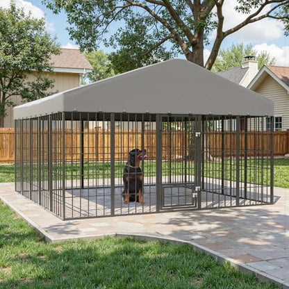 Kullavik 10x10x6 FT Large Outdoor Dog Kennel,Anti-Rust Galvanized Steel Dog Pen with Feeding Door & Double Locks,Heavy Duty Dog Enclosure Fence with UV-Resistant Waterproof Cover for Outside - size: 117"L x 119"W x 75"H