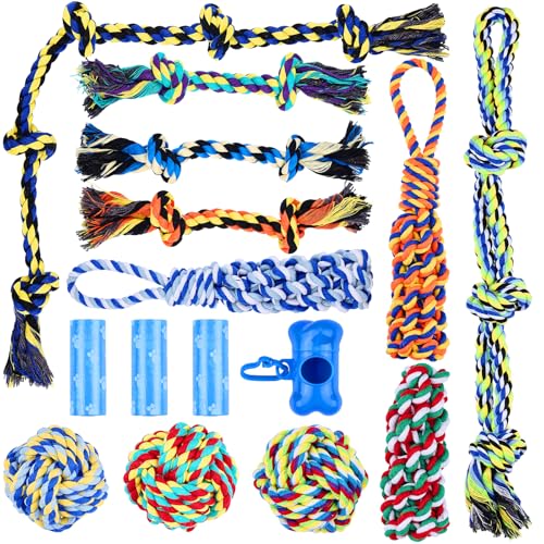 15 Pack Dogs Rope Toys for Large/Medium/Small Aggressive Chewers, Tough Cotton Dental Rope Toys Kit, Heavy Duty Dog Tug of War Toy for Chewing, Playing, Teething, Teeth Cleaning, Tossing and Catching - size: 15pc