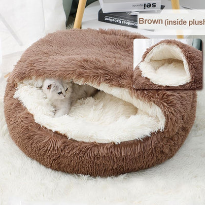 Cat Bed Round Fluffy Hooded Cat Bed Cave, Anti-Anxiety Cave Bed with Hooded Blanket, Cozy Cuddler Luxury Puppy Pet Bed, Anti-Slip Bottom and Machine Washable (Brown, Medium) - color: Brown, size: Medium