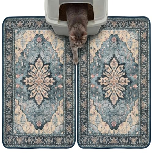 Hompet Cat Litter Mat 2 Pack, 18x28 Machine Washable Trapping Mats for Cats, Super Absorbent & Urine-Proof Cat Litter Box Mat for Floor, Waterproof & Non Slip Kitty Litter Rug - color: Dusty Blue Sunflower, size: 18x28 Inch (Pack of 2)