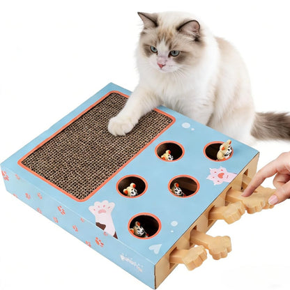 PAWISE Interactive Cat Scratcher Toy - 3-in-1 Cardboard Cat Scratching Board & Interactive Puzzle Toy Box for Indoor Cats, Nail File Scratch Pad with Pop-up Mice, Cat Enrichment Toy for Kitten - size: 10X12X2.4