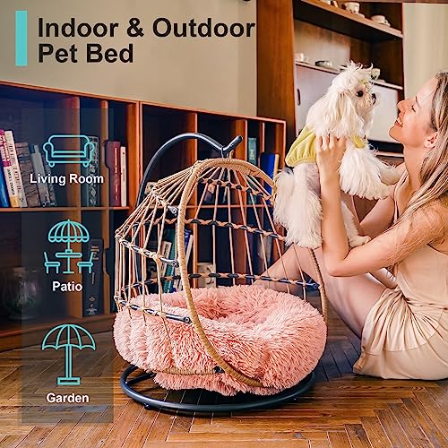 SWITTE Cat Hammock Chair Bed - Removable & Washable Cushion, Hanging Rattan Swing for Indoor Outdoor Cats & Small Dogs, Adjustable Pet Swinging Hammock with 3 Modes - Pink - color: Pink