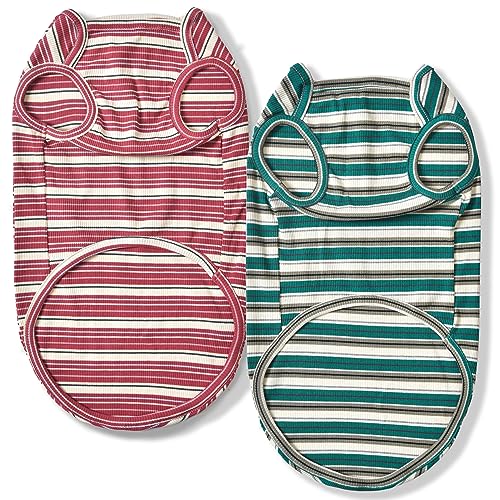 Dog Shirts Vest Cotton Striped T-Shirt, Sleeveless Stretchy Pet Clothes for Small Dogs, 2-Pack Soft Breathable Puppy Tank Top Cat Tee (Large, Pine Green,Plum Red) - color: Pine Green,Plum Red, size: Large