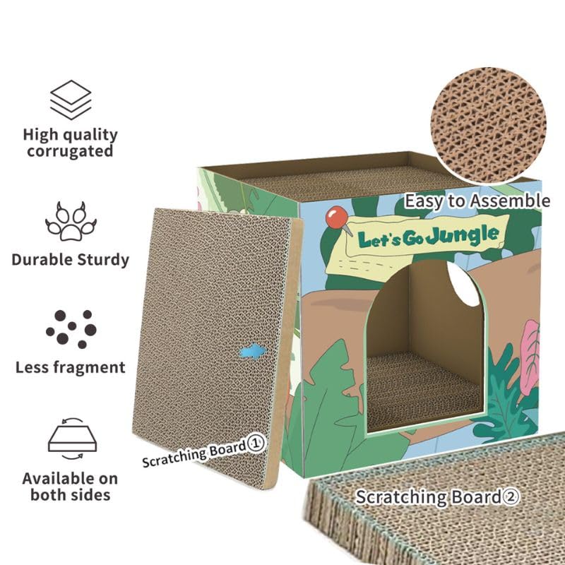 CHICHIPAWS Cardboard Cat Scratcher House with 2 Scratch Boards – Peekaboo Cave & Hideaway, Playhouse for Indoor Pets, Corrugated Scratching Cube for Kittens, Rest Box Bed with Catnip, Durable Fun