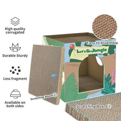 CHICHIPAWS Cardboard Cat Scratcher House with 2 Scratch Boards – Peekaboo Cave & Hideaway, Playhouse for Indoor Pets, Corrugated Scratching Cube for Kittens, Rest Box Bed with Catnip, Durable Fun