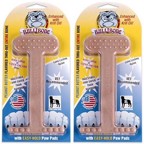 Bullibone Nylon Dog Chew Toy for Aggressive Chewers - Dental Hygiene Bone with Peanut Butter Flavor, Durable Tough Chew Toys for Extra Large Dogs, Indestructible Dog Bone - 2 Pack - size: XL