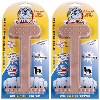 Bullibone Nylon Dog Chew Toy for Aggressive Chewers - Dental Hygiene Bone with Peanut Butter Flavor, Durable Tough Chew Toys for Extra Large Dogs, Indestructible Dog Bone - 2 Pack - size: XL