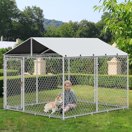 YITAHOME Outdoor Dog Enclosure with Metal Dog Gate, 7.5'x7.5' Dog Kennel Outside with Roof, Dog Fence Outdoor for Yard - color: silver, size: 7.55' x 7.55'