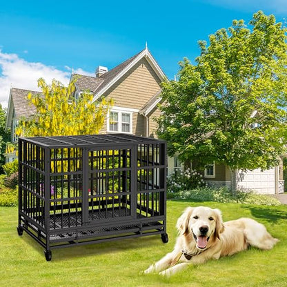 JY QAQA 48/38 Inch Heavy Duty Indestructible Dog Crate Double Doors Escape Proof Cage Kennel,Enhanced Metal Pet Cage,Extra Large XL XXL Crate Indoor for Large Dog with Removable Tray,Lockable Wheels - size: 48.8"x 29.9"x 35.6"(XL)