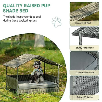 Lyromix Wicker Dog House with Canopy, 32" Outdoor Elevated Rattan Dog Bed with Water-Resistant Soft Cushion, Large Outside Raised Dog Shelter for Small, Medium Dogs, Gray