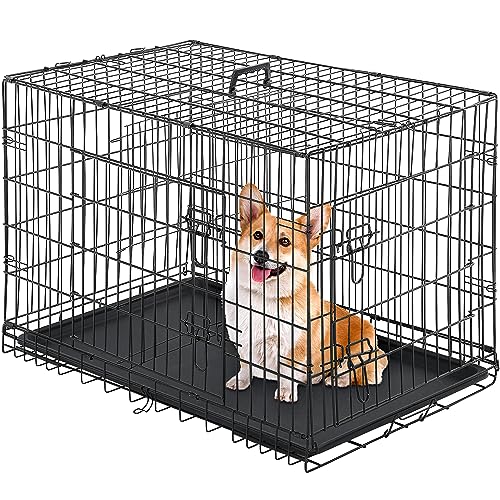 24/7 Shop at Home Gossamer Metal Double Door Folding Wire Pet Crate with Divider, Removable Tray, and Handle for Outdoor and Indoor Medium Dog, 42-inch, Black - size: 42.7"L x 26.8"W x 28.7"H