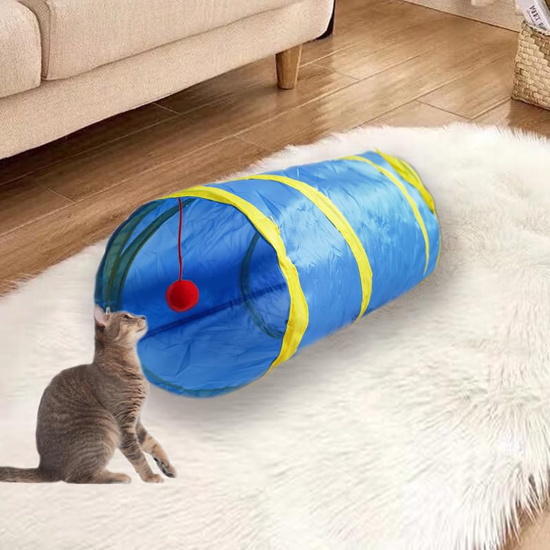 Cat Tunnel Tube Toys，Tunnels for Indoor Cats, 2 Way Collapsible Interactive Toy with Balls for Rabbits, Kittens, Ferrets, Puppy - color: 2 Way Blue Yellow