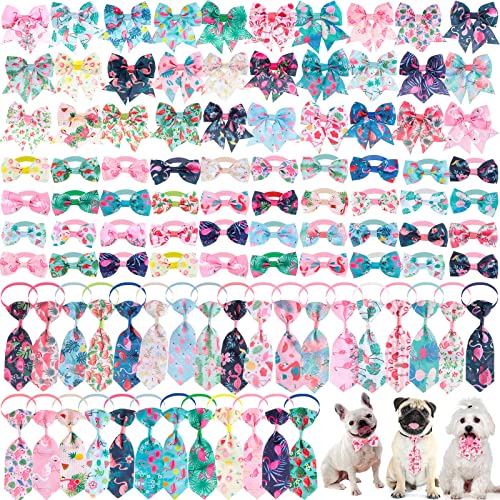Reginary 100 Pieces Dog Bow Tie Collar Set Include 40 Dog Neckties, and 30 Puppy Bowties, 30 Collar Flowers, Adjustable Pet Ties Grooming for Small Medium Cats Pets Supply(Flamingo) - style: Flamingo