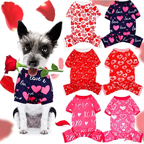 6 Pack Valentines Dog Pajamas Bulk Red Pink Heart Pattern Dog Valentines Holiday Outfit Clothes Jumpsuit Costumes for Boys Girls Puppy Cat Party Cosplay(Medium) - size: M