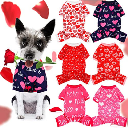 6 Pack Valentines Dog Pajamas Bulk Red Pink Heart Pattern Dog Valentines Holiday Outfit Clothes Jumpsuit Costumes for Boys Girls Puppy Cat Party Cosplay(Medium) - size: M