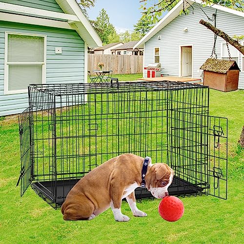 Dog Crates for Large Dogs Outdoor Indoor, Dog Cage Kennel Foldable Metal Wire Dog Crate with Leak-Proof Tray and Handle Double Door, Animal Pet Cage, 42 Inch - size: 42 INCH