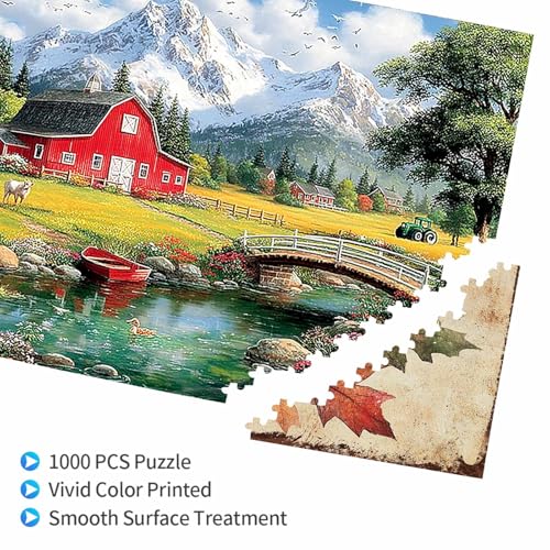 1000 Pieces Jigsaw Puzzles for Adults, Red Barn Mountain Farm Landscape Art Puzzle, Stress Relief Concentration Training Brain Teaser Puzzle 29.5x19.7 Inch - color: Wooden Puzzle12, size: 1000 Piece pcs