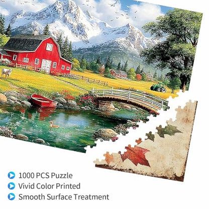 1000 Pieces Jigsaw Puzzles for Adults, Red Barn Mountain Farm Landscape Art Puzzle, Stress Relief Concentration Training Brain Teaser Puzzle 29.5x19.7 Inch - color: Wooden Puzzle12, size: 1000 Piece pcs